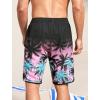 imageSILKWORLD Mens Swim Trunks with Compression Liner 9 Inch Long Bathing Suit 2 in 1 Beach Quick Dry Shorts with PocketsBlack Pink Coconut Trees