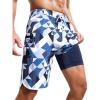 imageSILKWORLD Mens Swim Trunks with Compression Liner 9 Inch Long Bathing Suit 2 in 1 Beach Quick Dry Shorts with PocketsBlue White Triangle