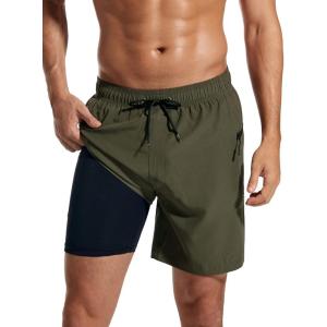 imageSILKWORLD 7 Inch Mens Swim Trunks with Compression Liner QuickDry Bathing Suit with Zipper Pockets7inchArmy Green