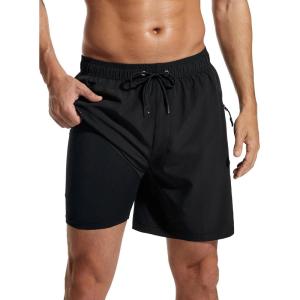 imageSILKWORLD 7 Inch Mens Swim Trunks with Compression Liner QuickDry Bathing Suit with Zipper Pockets7inchBlack