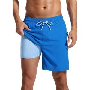imageSILKWORLD 7 Inch Mens Swim Trunks with Compression Liner QuickDry Bathing Suit with Zipper Pockets7inchBlue