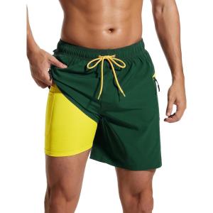 imageSILKWORLD 7 Inch Mens Swim Trunks with Compression Liner QuickDry Bathing Suit with Zipper Pockets7inchDark Green