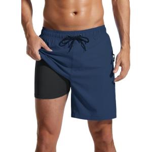 imageSILKWORLD 7 Inch Mens Swim Trunks with Compression Liner QuickDry Bathing Suit with Zipper Pockets7inchDark Navyblack Linning