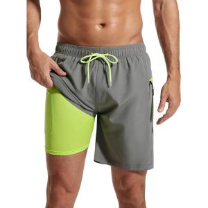 imageSILKWORLD 7 Inch Mens Swim Trunks with Compression Liner QuickDry Bathing Suit with Zipper Pockets7inchGrey