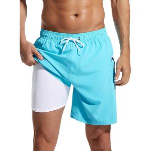 imageSILKWORLD 7 Inch Mens Swim Trunks with Compression Liner QuickDry Bathing Suit with Zipper Pockets7inchLight Blue