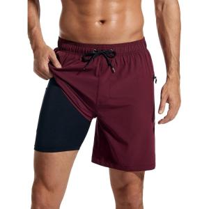 imageSILKWORLD 7 Inch Mens Swim Trunks with Compression Liner QuickDry Bathing Suit with Zipper Pockets7inchWine Red