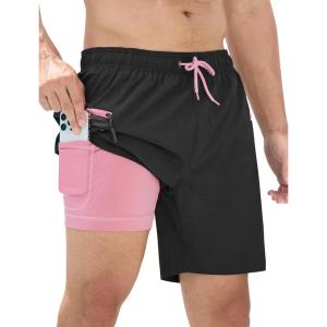 imageSILKWORLD 7 Inch Mens Swim Trunks with Compression Liner QuickDry Bathing Suit with Zipper PocketsBlack Pink Drawstring
