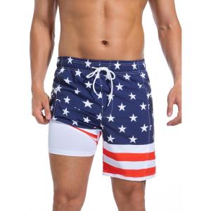 imageSILKWORLD 7 Inch Mens Swim Trunks with Compression Liner QuickDry Bathing Suit with Zipper PocketsBlue  Red White Stars  Stripes