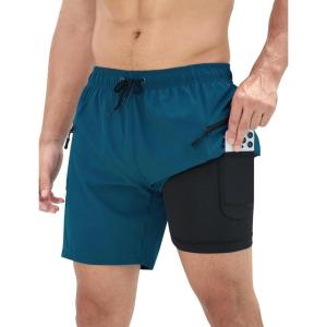 imageSILKWORLD 7 Inch Mens Swim Trunks with Compression Liner QuickDry Bathing Suit with Zipper PocketsCopenhagen Blue