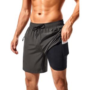 imageSILKWORLD 7 Inch Mens Swim Trunks with Compression Liner QuickDry Bathing Suit with Zipper PocketsDark Grey 01