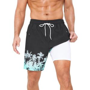 imageSILKWORLD 7 Inch Mens Swim Trunks with Compression Liner QuickDry Bathing Suit with Zipper PocketsGradient Black Coconut Tree
