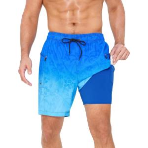 imageSILKWORLD 7 Inch Mens Swim Trunks with Compression Liner QuickDry Bathing Suit with Zipper PocketsGradient Blue