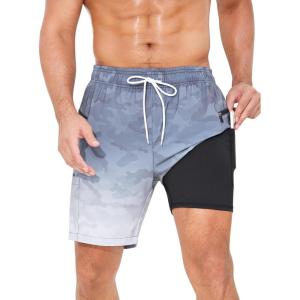 imageSILKWORLD 7 Inch Mens Swim Trunks with Compression Liner QuickDry Bathing Suit with Zipper PocketsGradient Gray Camouflage