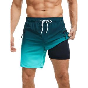 imageSILKWORLD 7 Inch Mens Swim Trunks with Compression Liner QuickDry Bathing Suit with Zipper PocketsGradient Navy Blue