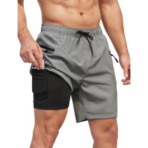 imageSILKWORLD 7 Inch Mens Swim Trunks with Compression Liner QuickDry Bathing Suit with Zipper PocketsGray Black Lining
