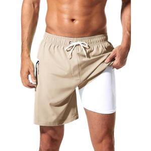 imageSILKWORLD 7 Inch Mens Swim Trunks with Compression Liner QuickDry Bathing Suit with Zipper PocketsKhaki 01