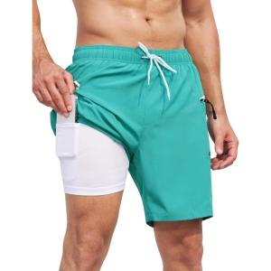 imageSILKWORLD 7 Inch Mens Swim Trunks with Compression Liner QuickDry Bathing Suit with Zipper PocketsLake Green  1