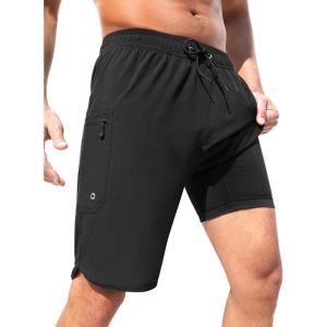 imageSILKWORLD Mens Swim Trunks with Compression Liner 9 Inch Long Bathing Suit 2 in 1 Beach Quick Dry Shorts with PocketsBlack