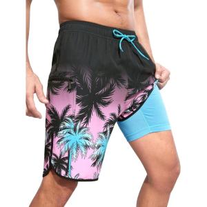 imageSILKWORLD Mens Swim Trunks with Compression Liner 9 Inch Long Bathing Suit 2 in 1 Beach Quick Dry Shorts with PocketsBlack Pink Coconut Trees