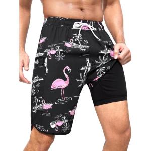 imageSILKWORLD Mens Swim Trunks with Compression Liner 9 Inch Long Bathing Suit 2 in 1 Beach Quick Dry Shorts with PocketsBlack Pink Flamingo