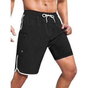 imageSILKWORLD Mens Swim Trunks with Compression Liner 9 Inch Long Bathing Suit 2 in 1 Beach Quick Dry Shorts with PocketsBlackwhite Border