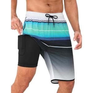 imageSILKWORLD Mens Swim Trunks with Compression Liner 9 Inch Long Bathing Suit 2 in 1 Beach Quick Dry Shorts with PocketsBlue Black White Gradient