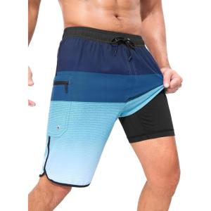 imageSILKWORLD Mens Swim Trunks with Compression Liner 9 Inch Long Bathing Suit 2 in 1 Beach Quick Dry Shorts with PocketsBlue Gradient