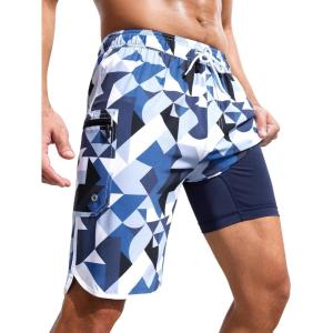 imageSILKWORLD Mens Swim Trunks with Compression Liner 9 Inch Long Bathing Suit 2 in 1 Beach Quick Dry Shorts with PocketsBlue White Triangle
