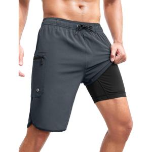 imageSILKWORLD Mens Swim Trunks with Compression Liner 9 Inch Long Bathing Suit 2 in 1 Beach Quick Dry Shorts with PocketsCarbon Grey