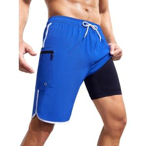 imageSILKWORLD Mens Swim Trunks with Compression Liner 9 Inch Long Bathing Suit 2 in 1 Beach Quick Dry Shorts with PocketsDeep Blue