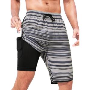 imageSILKWORLD Mens Swim Trunks with Compression Liner 9 Inch Long Bathing Suit 2 in 1 Beach Quick Dry Shorts with PocketsGrayish Blue Stripes