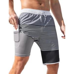 imageSILKWORLD Mens Swim Trunks with Compression Liner 9 Inch Long Bathing Suit 2 in 1 Beach Quick Dry Shorts with PocketsGrey White Stripes