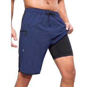 imageSILKWORLD Mens Swim Trunks with Compression Liner 9 Inch Long Bathing Suit 2 in 1 Beach Quick Dry Shorts with PocketsNavy Blue