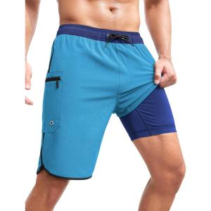 imageSILKWORLD Mens Swim Trunks with Compression Liner 9 Inch Long Bathing Suit 2 in 1 Beach Quick Dry Shorts with PocketsPeacock Blue