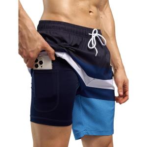 imageSILKWORLD Quick Dry Mens Swim Trunks with Compression Liner 7quot Mens Bathing Suits with Zip Pockets10adark Blueblue Stripes