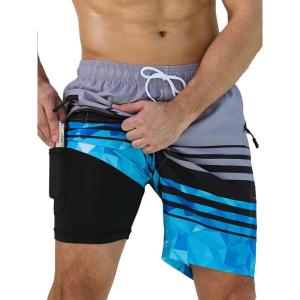 imageSILKWORLD Quick Dry Mens Swim Trunks with Compression Liner 7quot Mens Bathing Suits with Zip Pockets12alight Grayblue Stripes