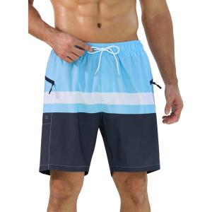 imageSILKWORLD Quick Dry Mens Swim Trunks with Compression Liner 7quot Mens Bathing Suits with Zip Pockets13agreyblue Stripes