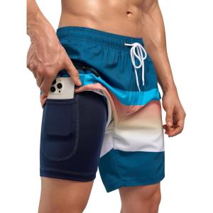 imageSILKWORLD Quick Dry Mens Swim Trunks with Compression Liner 7quot Mens Bathing Suits with Zip Pockets14adark Blueorange Stripes