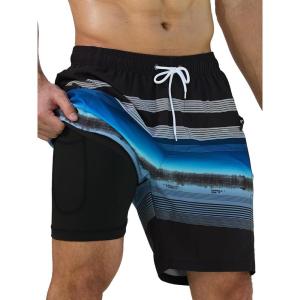 imageSILKWORLD Quick Dry Mens Swim Trunks with Compression Liner 7quot Mens Bathing Suits with Zip Pockets1ablackblue Stripes