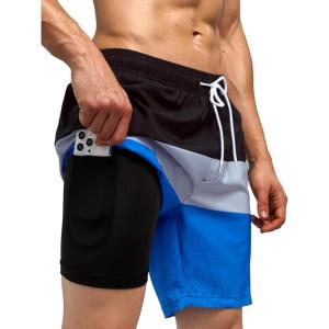 imageSILKWORLD Quick Dry Mens Swim Trunks with Compression Liner 7quot Mens Bathing Suits with Zip Pockets2ablackgrey Stripes