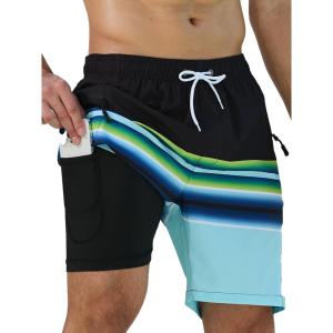 imageSILKWORLD Quick Dry Mens Swim Trunks with Compression Liner 7quot Mens Bathing Suits with Zip Pockets3ablackcyan Stripes