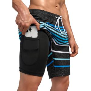 imageSILKWORLD Quick Dry Mens Swim Trunks with Compression Liner 7quot Mens Bathing Suits with Zip Pockets4ablackblue Stripes