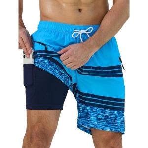 imageSILKWORLD Quick Dry Mens Swim Trunks with Compression Liner 7quot Mens Bathing Suits with Zip Pockets5asea Blue Stripes