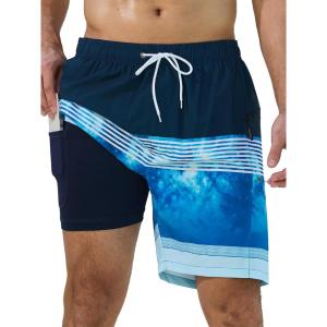 imageSILKWORLD Quick Dry Mens Swim Trunks with Compression Liner 7quot Mens Bathing Suits with Zip Pockets7adark Blueblue Stripes