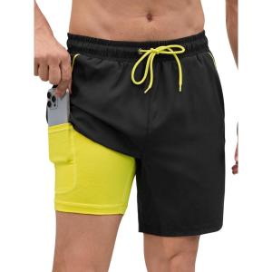 imageSILKWORLD Quick Dry Mens Swim Trunks with Compression Liner 7quot Mens Bathing Suits with Zip PocketsA1black