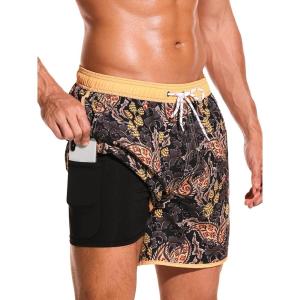 imageSILKWORLD Quick Dry Mens Swim Trunks with Compression Liner 7quot Mens Bathing Suits with Zip PocketsA3floradark Grey