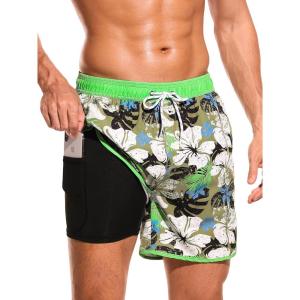 imageSILKWORLD Quick Dry Mens Swim Trunks with Compression Liner 7quot Mens Bathing Suits with Zip PocketsA4floragrass Green