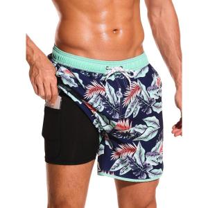 imageSILKWORLD Quick Dry Mens Swim Trunks with Compression Liner 7quot Mens Bathing Suits with Zip PocketsA5leavesdark Navy