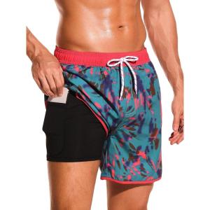 imageSILKWORLD Quick Dry Mens Swim Trunks with Compression Liner 7quot Mens Bathing Suits with Zip PocketsA6peacock Blue