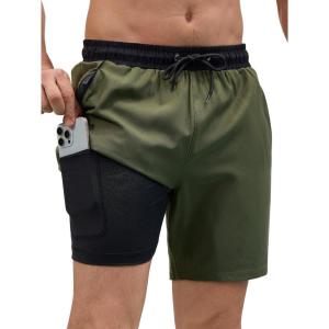imageSILKWORLD Quick Dry Mens Swim Trunks with Compression Liner 7quot Mens Bathing Suits with Zip PocketsArmy Green